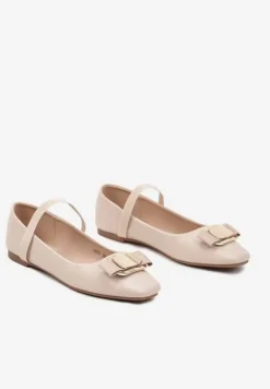 Beżowe Balerinki Zdobione Biżuteryjną Aplikacją i Elastycznym Paskiem Inirea