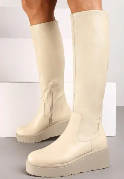 Beżowe Basicowe Kozaki na Grubej Podeszwie z Okrągłym Noskiem Tirisza