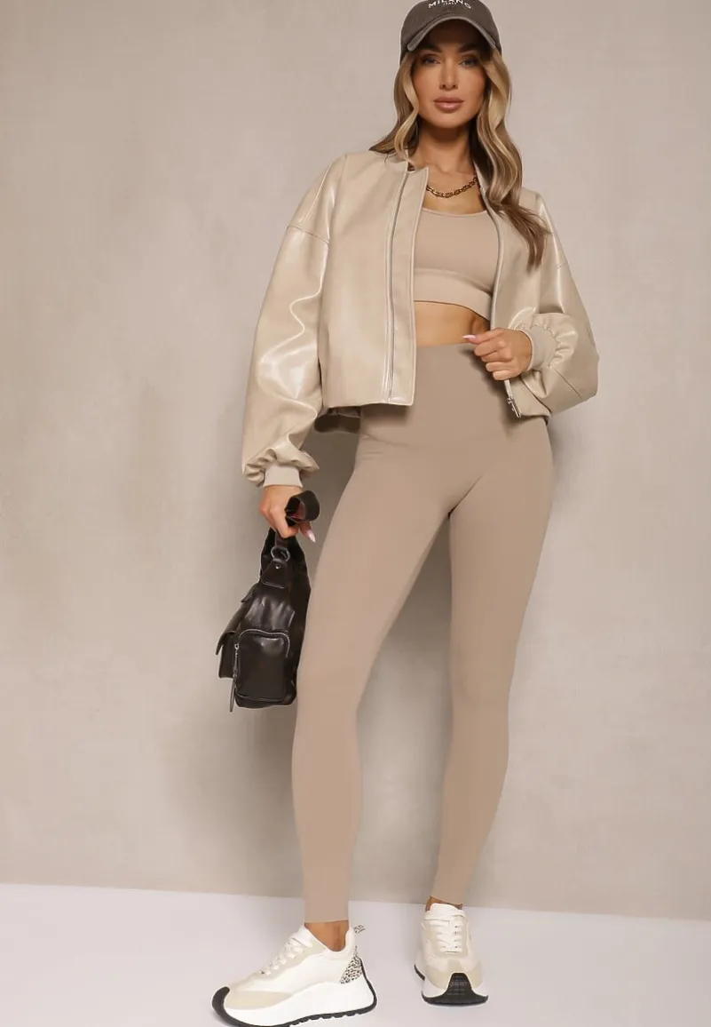 Beżowe Basicowe Legginsy High Waist Tofelia