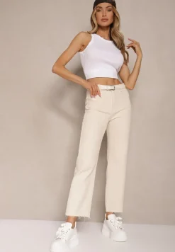 Beżowe Bawełniane Jeansy Ozdobione Kieszeniami Folire
