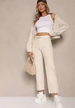 Beżowe Bawełniane Jeansy Ozdobione Kieszeniami Folire