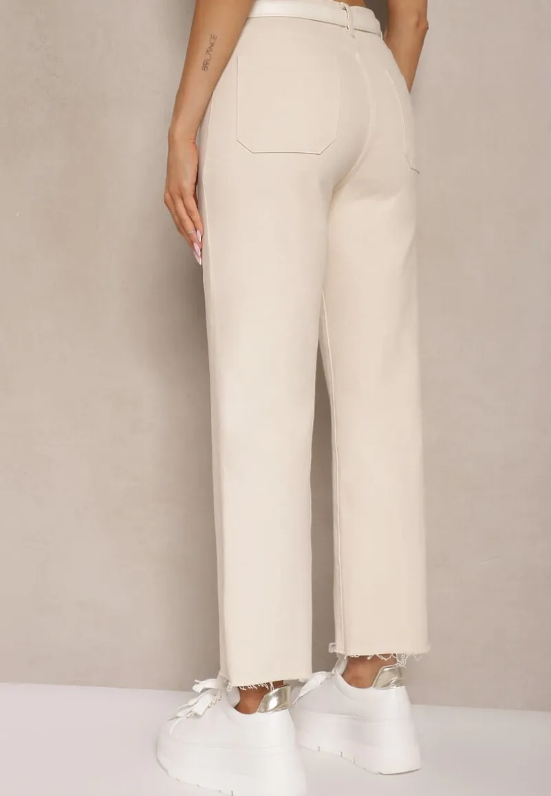 Beżowe Bawełniane Jeansy Ozdobione Kieszeniami Folire