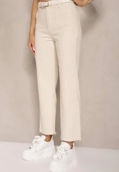 Beżowe Bawełniane Jeansy Ozdobione Kieszeniami Folire