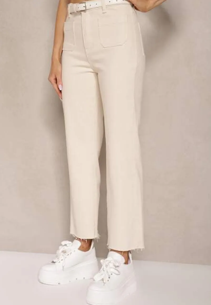 Beżowe Bawełniane Jeansy Ozdobione Kieszeniami Folire