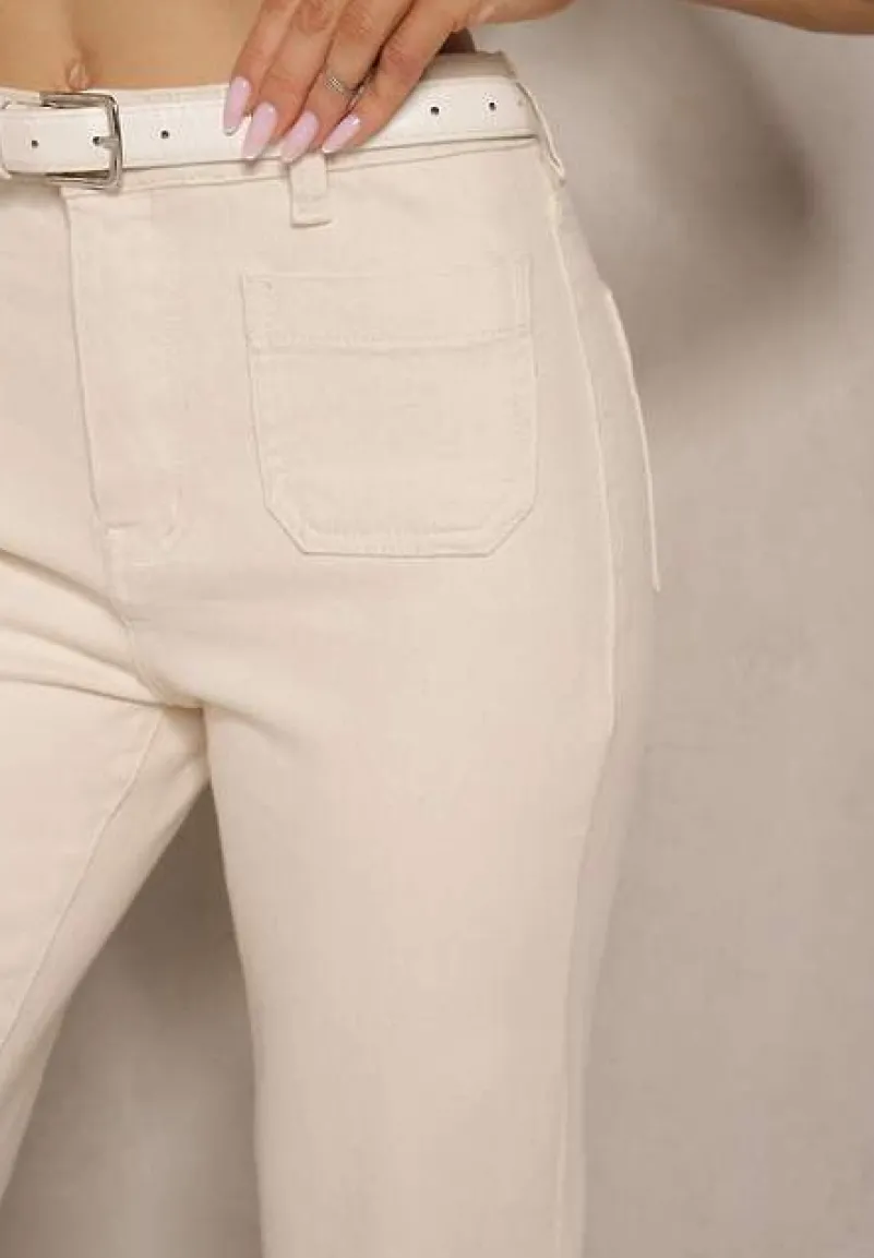 Beżowe Bawełniane Jeansy Ozdobione Kieszeniami Folire