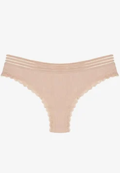 Beżowe Bawełniane Majtki o Kroju Stringów Ozdobione Koronką i Gumką w Paski Torllana