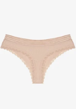 Beżowe Bawełniane Majtki o Kroju Stringów Ozdobione Koronką i Gumką w Paski Torllana