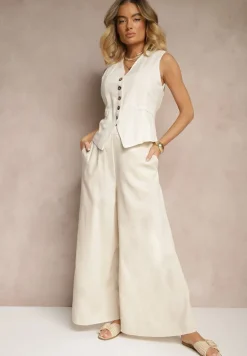 Beżowe Bawełniane Spodnie o Szerokim Kroju High Waist Ściągane Troczkiem Virselia