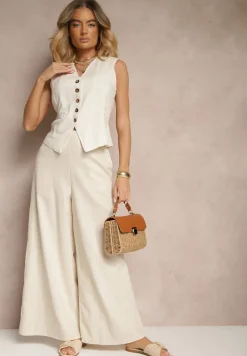 Beżowe Bawełniane Spodnie o Szerokim Kroju High Waist Ściągane Troczkiem Virselia