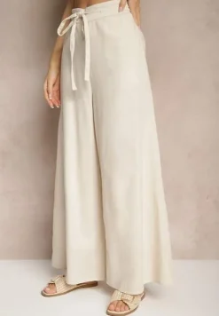 Beżowe Bawełniane Spodnie o Szerokim Kroju High Waist Ściągane Troczkiem Virselia