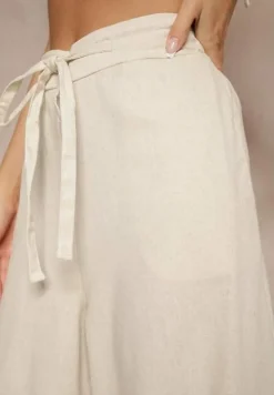 Beżowe Bawełniane Spodnie o Szerokim Kroju High Waist Ściągane Troczkiem Virselia