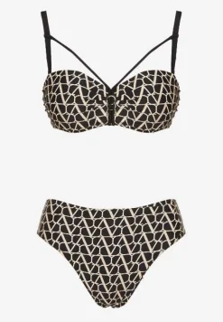 Beżowe Bikini Biustonosz i Majtki Typu Figi w Geometryczny Wzór Linarissa