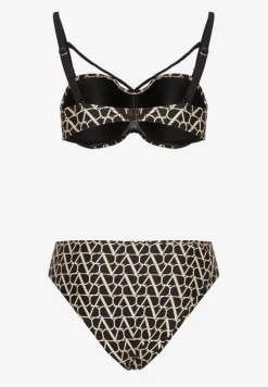 Beżowe Bikini Biustonosz i Majtki Typu Figi w Geometryczny Wzór Linarissa