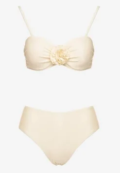 Beżowe Bikini Majtki Figi Biustonosz Ozdobione Kwiatem 3D Tenionea