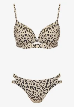Beżowe Bikini w Panterkowy Wzór Biustonosz i Majtki Figi Zdobione Wycięciami Savrienne