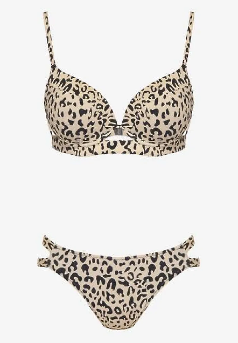 Beżowe Bikini w Panterkowy Wzór Biustonosz i Majtki Figi Zdobione Wycięciami Savrienne