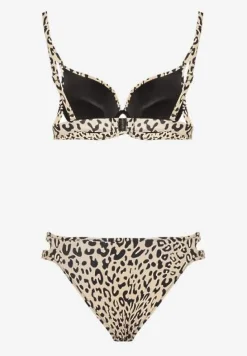 Beżowe Bikini w Panterkowy Wzór Biustonosz i Majtki Figi Zdobione Wycięciami Savrienne
