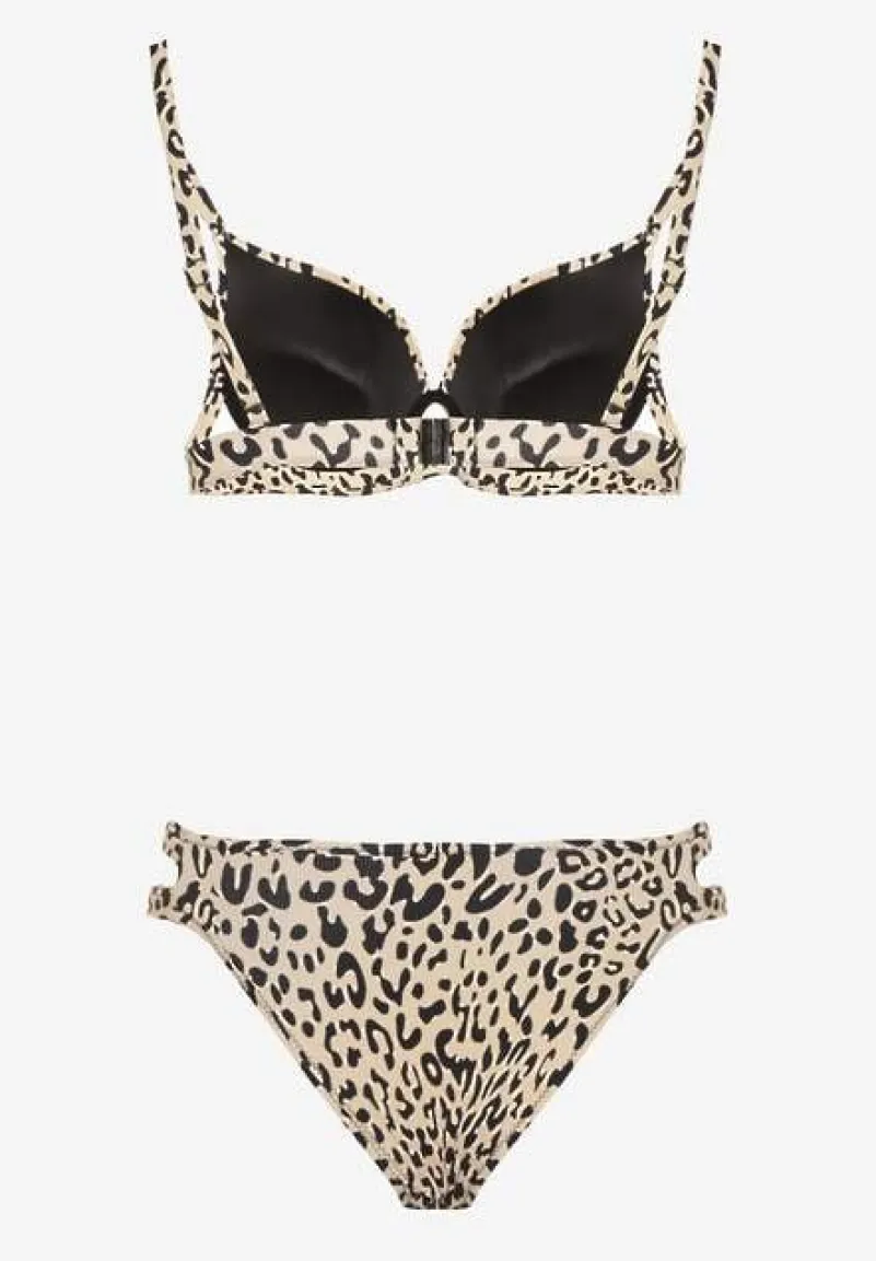 Beżowe Bikini w Panterkowy Wzór Biustonosz i Majtki Figi Zdobione Wycięciami Savrienne