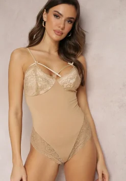 Beżowe Body Koronkowe na Cienkich Ramiączkach Kamylle