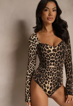 Beżowe Body w Panterkę z Kwadratowym Dekoltem Macotte