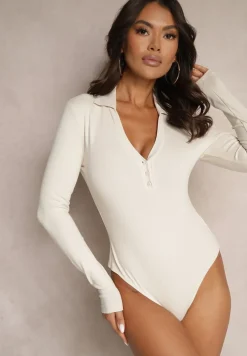 Beżowe Body z Bawełny o Koszulowym Kroju Longsleeve Raviriel