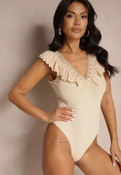 Beżowe Body z Bawełny z Dekoltem w Serek Zdobione Falbanką z Koronki Senalirae