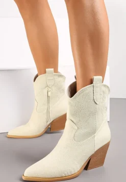 Beżowe Botki Kowbojki na Ściętym Słupku Teksana