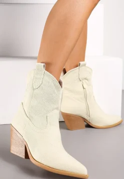 Beżowe Botki Kowbojki na Ściętym Słupku Teksana