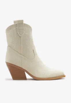 Beżowe Botki Kowbojki na Ściętym Słupku Teksana