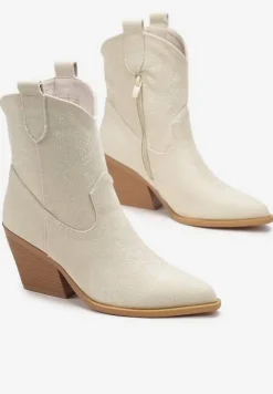 Beżowe Botki Kowbojki na Ściętym Słupku Teksana