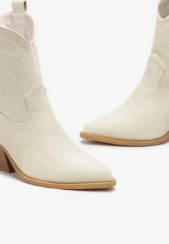 Beżowe Botki Kowbojki na Ściętym Słupku Teksana