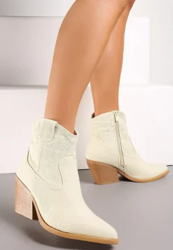 Beżowe Botki Kowbojki na Słupku z Przeszyciami Weava