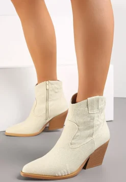 Beżowe Botki Kowbojki na Słupku z Przeszyciami Weava
