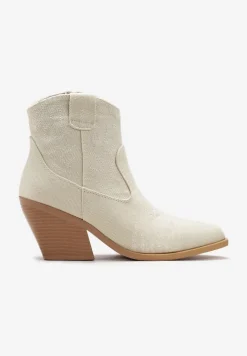 Beżowe Botki Kowbojki na Słupku z Przeszyciami Weava