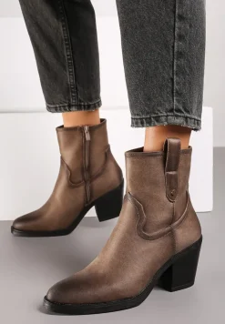 Beżowe Botki Kowbojki na Stożkowym Obcasie Ozdobiony Paskiem Narelin