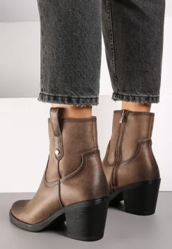 Beżowe Botki Kowbojki na Stożkowym Obcasie Ozdobiony Paskiem Narelin