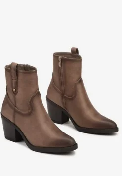 Beżowe Botki Kowbojki na Stożkowym Obcasie Ozdobiony Paskiem Narelin