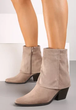 Beżowe Botki Kowbojki na Słupku Ozdobione Wywiniętą Cholewką Merienne