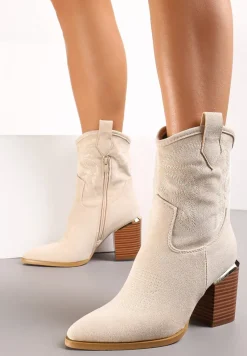 Beżowe Botki Kowbojki na Słupku z Przeszyciami Lindatora