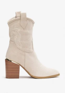 Beżowe Botki Kowbojki na Słupku z Przeszyciami Lindatora
