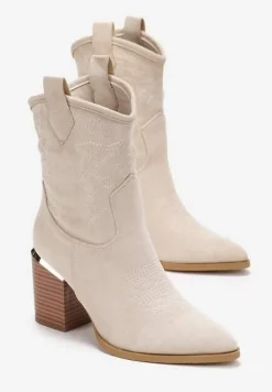Beżowe Botki Kowbojki na Słupku z Przeszyciami Lindatora