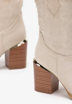 Beżowe Botki Kowbojki na Słupku z Przeszyciami Lindatora