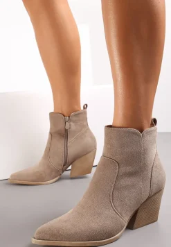 Beżowe Botki Kowbojki na Stożku ze Szpiczastym Noskiem Quintena