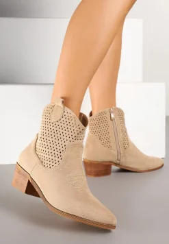 Beżowe Botki Kowbojki Vices na Słupku z Ażurową Cholewką Elfedi