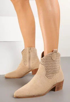 Beżowe Botki Kowbojki Vices na Słupku z Ażurową Cholewką Elfedi