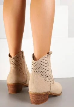 Beżowe Botki Kowbojki Vices na Słupku z Ażurową Cholewką Elfedi