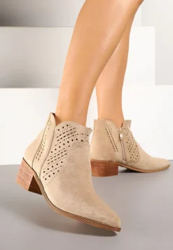 Beżowe Botki Kowbojki Vices na Słupku z Ażurową Cholewką Selahra