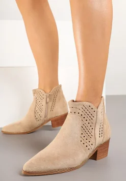 Beżowe Botki Kowbojki Vices na Słupku z Ażurową Cholewką Selahra