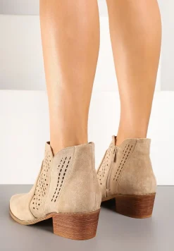 Beżowe Botki Kowbojki Vices na Słupku z Ażurową Cholewką Selahra