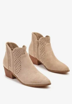 Beżowe Botki Kowbojki Vices na Słupku z Ażurową Cholewką Selahra